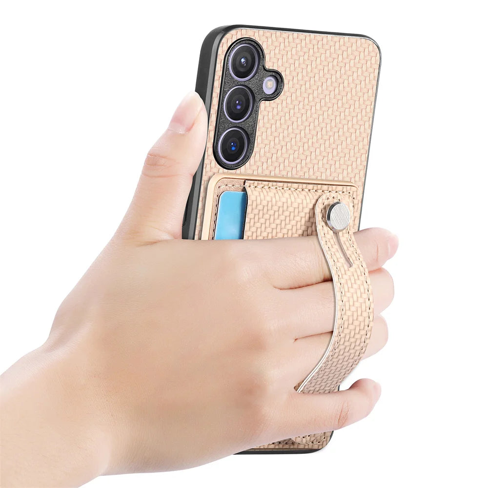 For Samsung Galaxy A27 5G Case Carbon Fiber Texture Leather Phone Back Cover with Card Holder - Khaki - 4