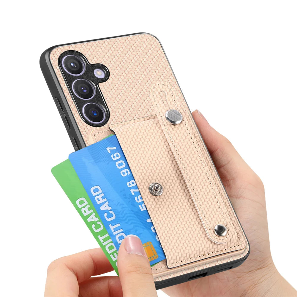 For Samsung Galaxy A27 5G Case Carbon Fiber Texture Leather Phone Back Cover with Card Holder - Khaki - 5