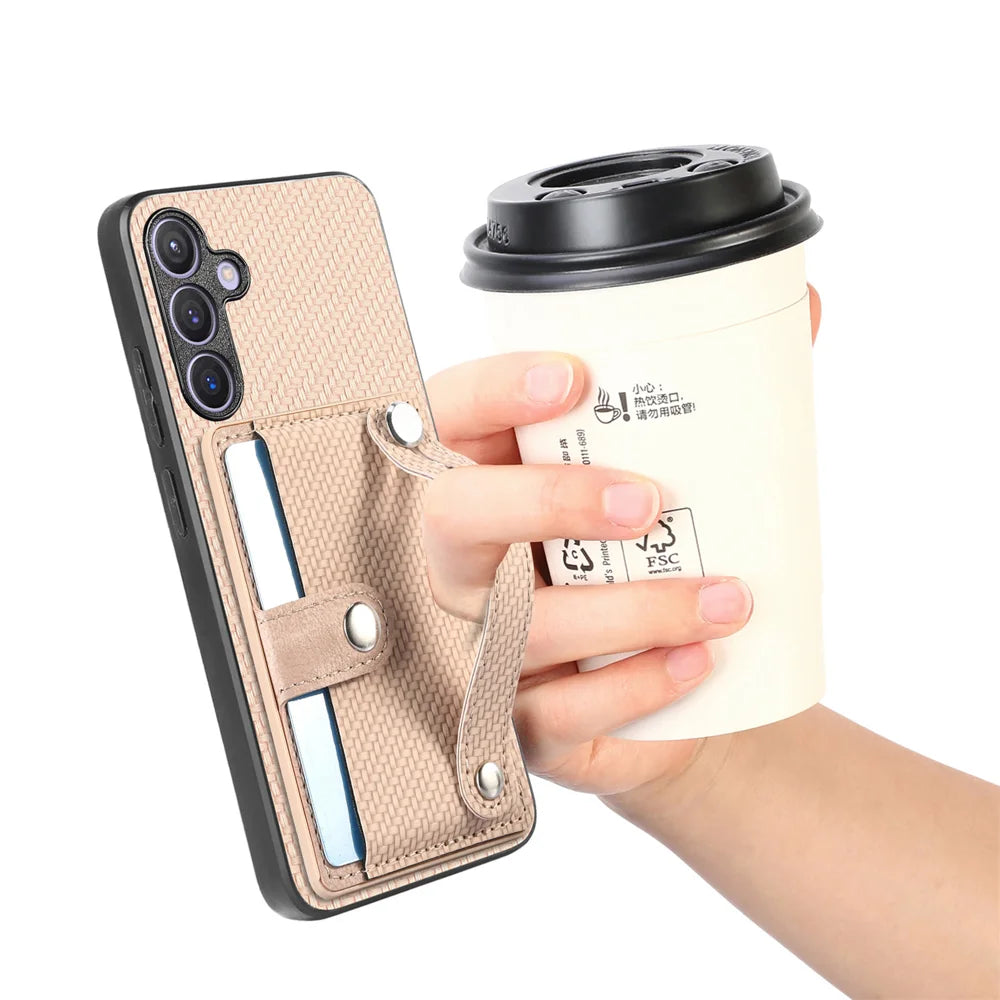For Samsung Galaxy A27 5G Case Carbon Fiber Texture Leather Phone Back Cover with Card Holder - Khaki - 6