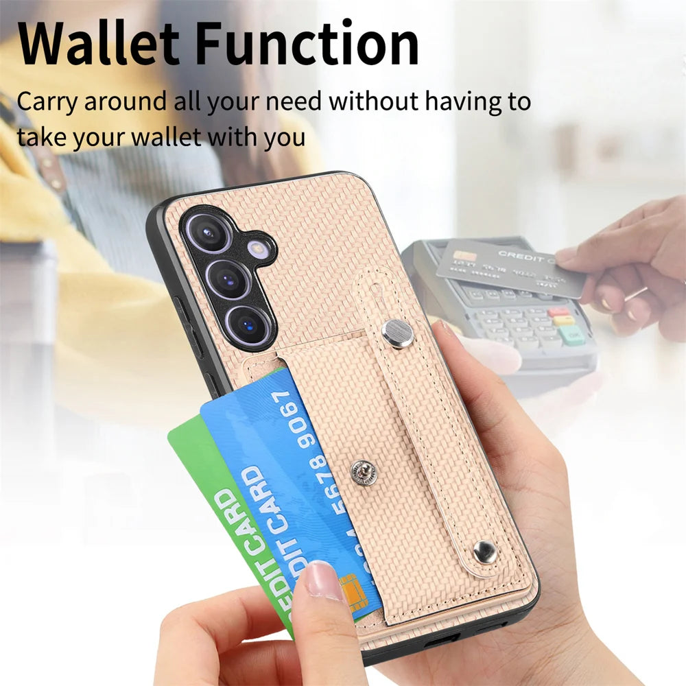 For Samsung Galaxy A27 5G Case Carbon Fiber Texture Leather Phone Back Cover with Card Holder - Khaki - 7