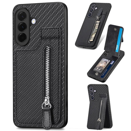 For Samsung Galaxy A27 5G Case Leather Phone Back Cover with Zipper Card Holder Kickstand - Black - 1