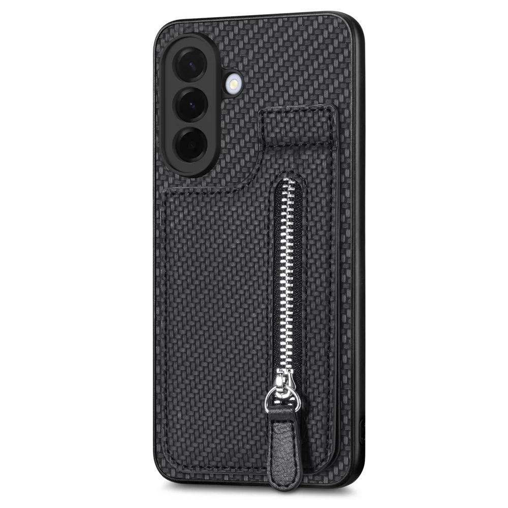 For Samsung Galaxy A27 5G Case Leather Phone Back Cover with Zipper Card Holder Kickstand - Black - 2