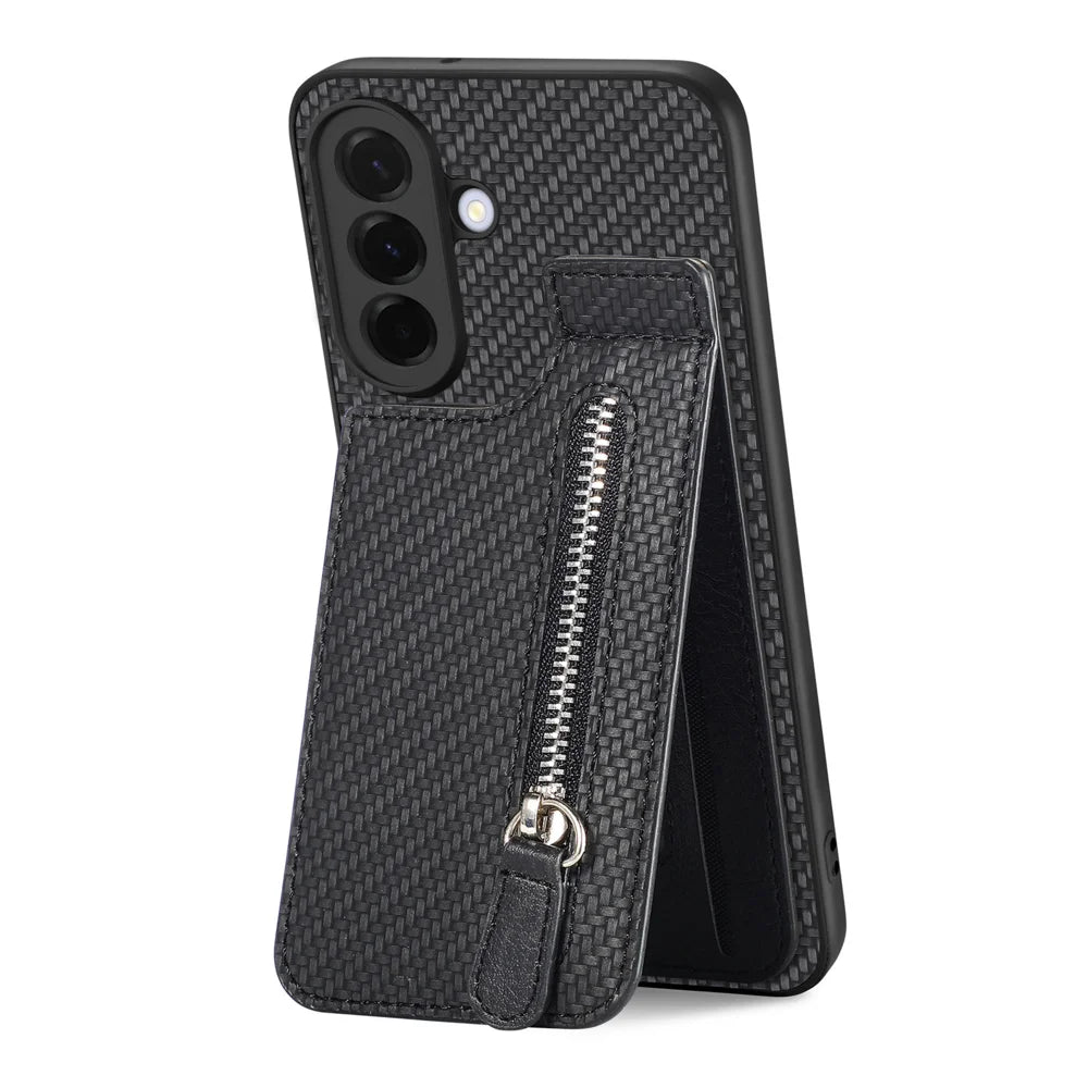 For Samsung Galaxy A27 5G Case Leather Phone Back Cover with Zipper Card Holder Kickstand - Black - 3