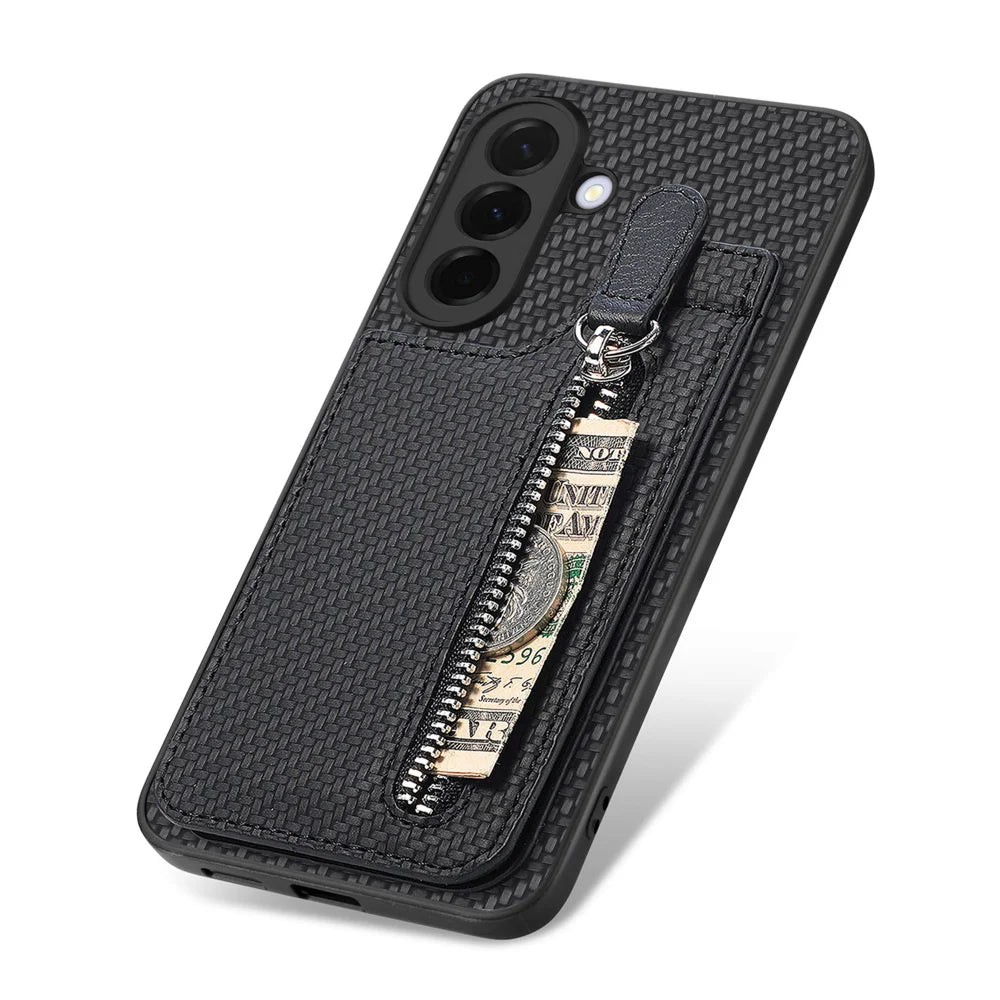 For Samsung Galaxy A27 5G Case Leather Phone Back Cover with Zipper Card Holder Kickstand - Black - 5