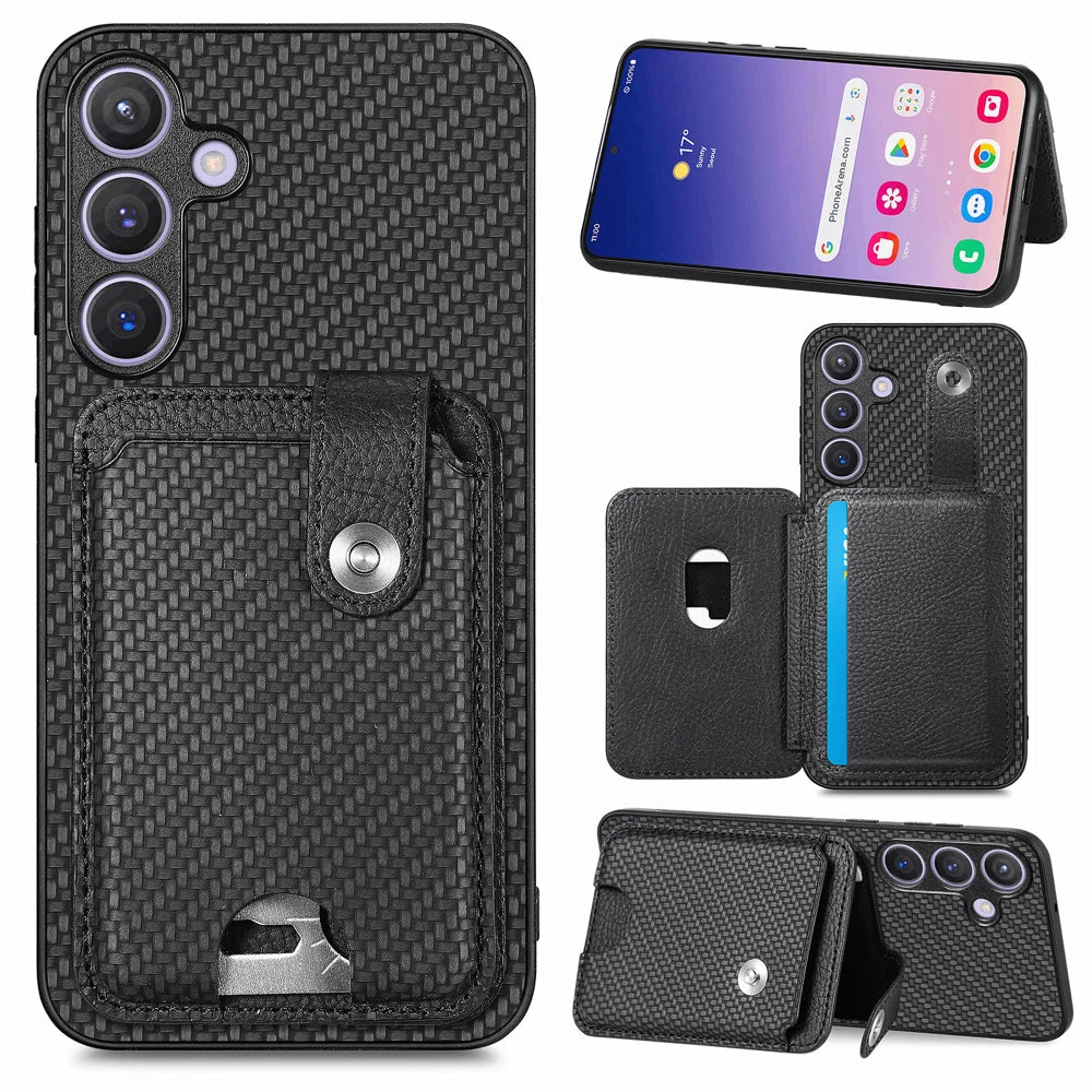 For Samsung Galaxy A27 5G Case Card Slots Kickstand Phone Back Cover with Card Tool - Black - 1