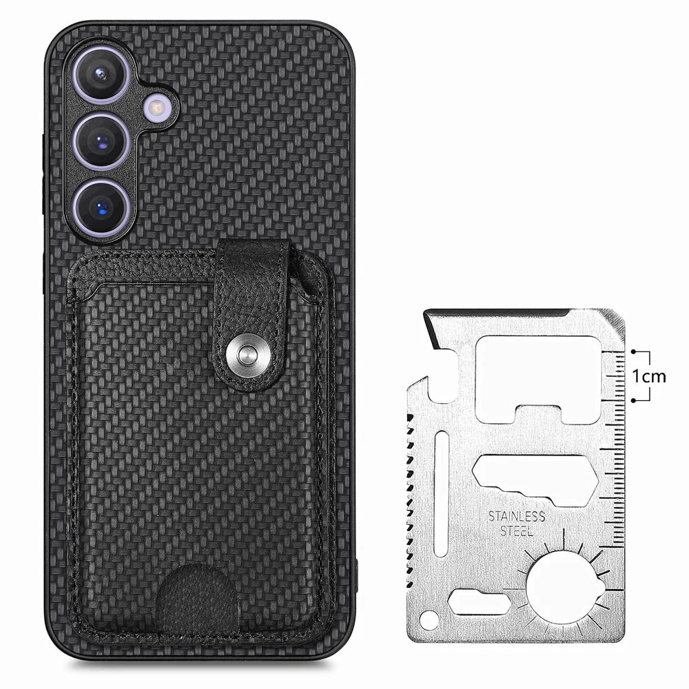 For Samsung Galaxy A27 5G Case Card Slots Kickstand Phone Back Cover with Card Tool - Black - 3