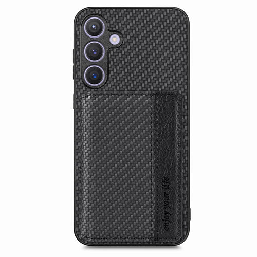 For Samsung Galaxy A27 5G Case RFID Blocking Carbon Fiber Leather Phone Back Cover with Card Holder - Black - 1
