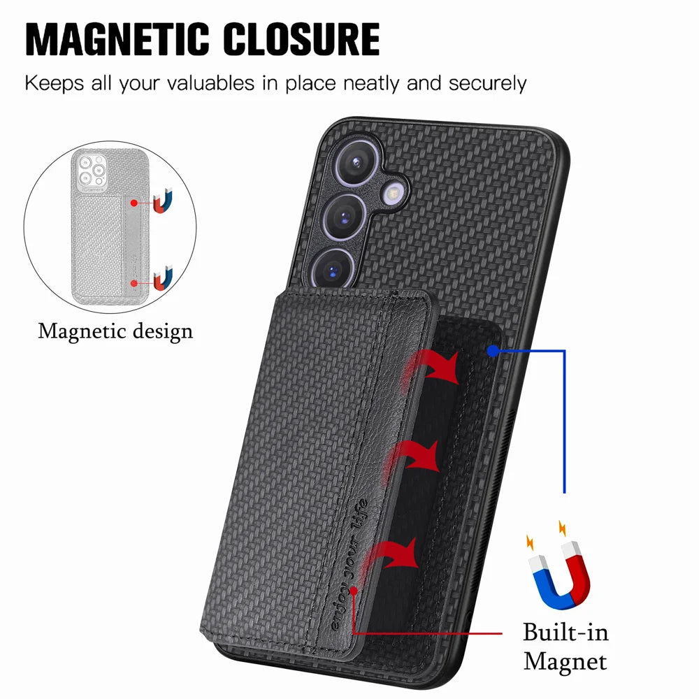 For Samsung Galaxy A27 5G Case RFID Blocking Carbon Fiber Leather Phone Back Cover with Card Holder - Black - 3