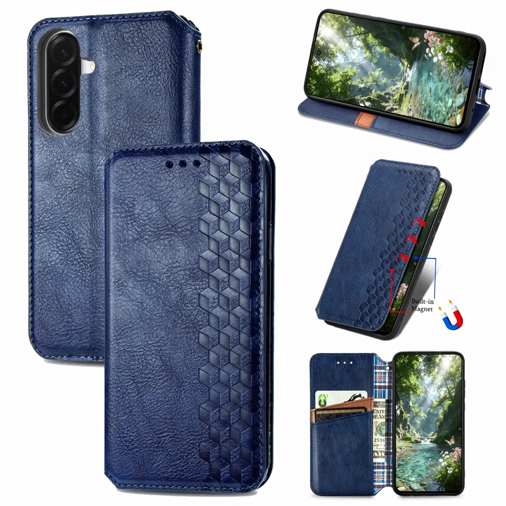 For Samsung Galaxy A27 5G Case Rhombus Imprint PU Leather Wallet Phone Cover - Blue - 1