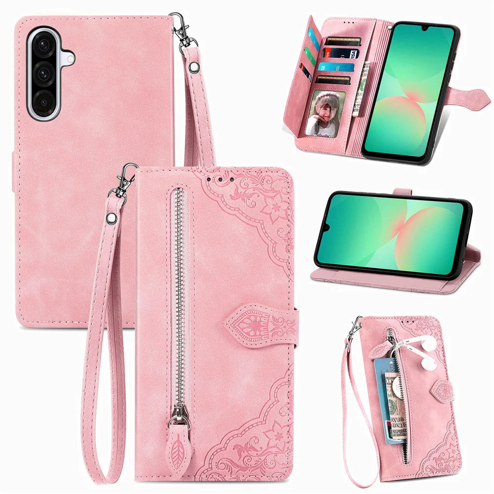 For Samsung Galaxy A27 5G Zipper Wallet Case with Strap Flower Imprint PU Leather Phone Cover - Pink - 1