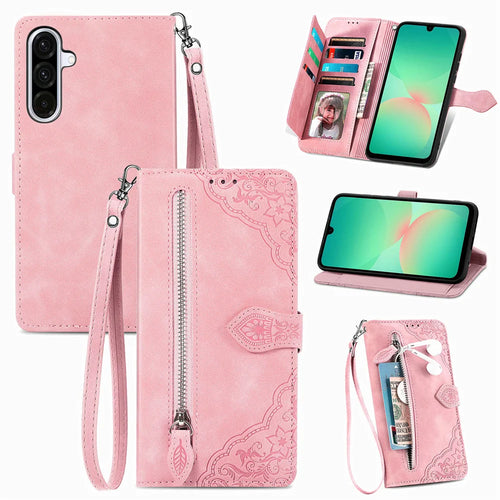 For Samsung Galaxy A27 5G Zipper Wallet Case with Strap Flower Imprint PU Leather Phone Cover - Pink - 1