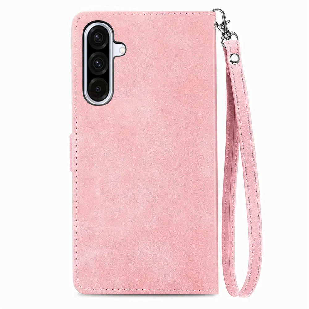 For Samsung Galaxy A27 5G Zipper Wallet Case with Strap Flower Imprint PU Leather Phone Cover - Pink - 3