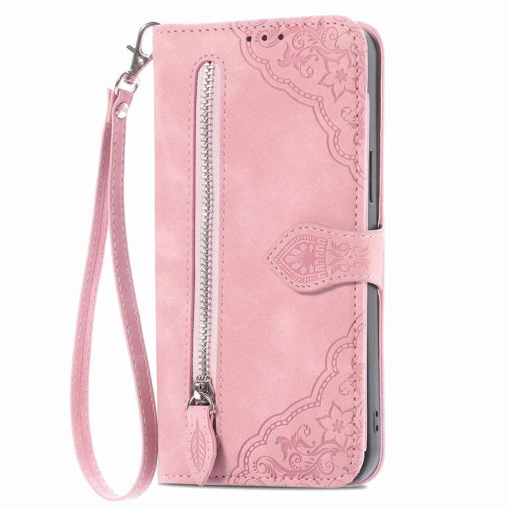 For Samsung Galaxy A27 5G Zipper Wallet Case with Strap Flower Imprint PU Leather Phone Cover - Pink - 6