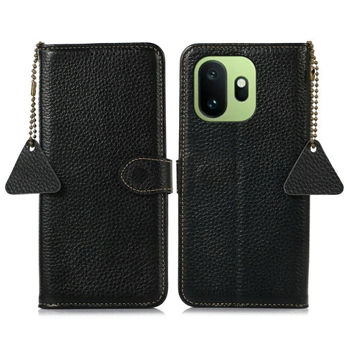 For OnePlus 15T 5G Case RFID Blocking Genuine Cow Leather Phone Cover Litchi Texture - Black - 1