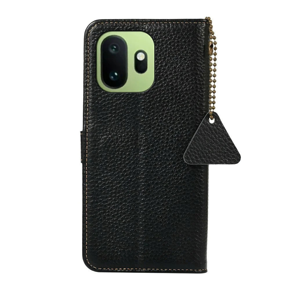 For OnePlus 15T 5G Case RFID Blocking Genuine Cow Leather Phone Cover Litchi Texture - Black - 7