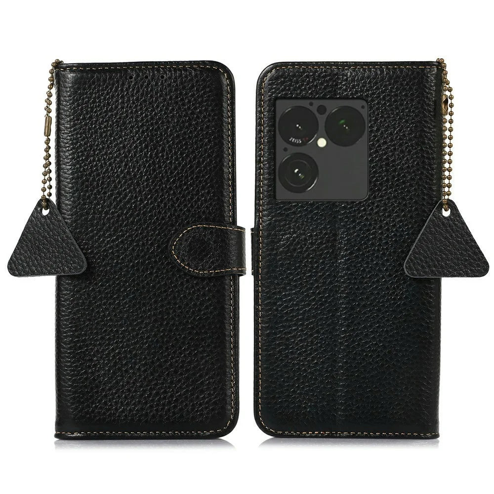 For Sony Xperia 1 VIII Case RFID Blocking Genuine Cow Leather Phone Cover Litchi Texture - Black - 1