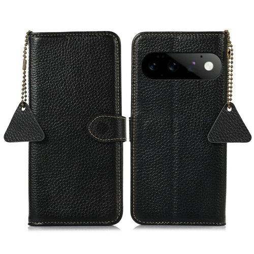 For Google Pixel 11 Pro Case RFID Blocking Genuine Cow Leather Phone Cover Litchi Texture - Black - 1