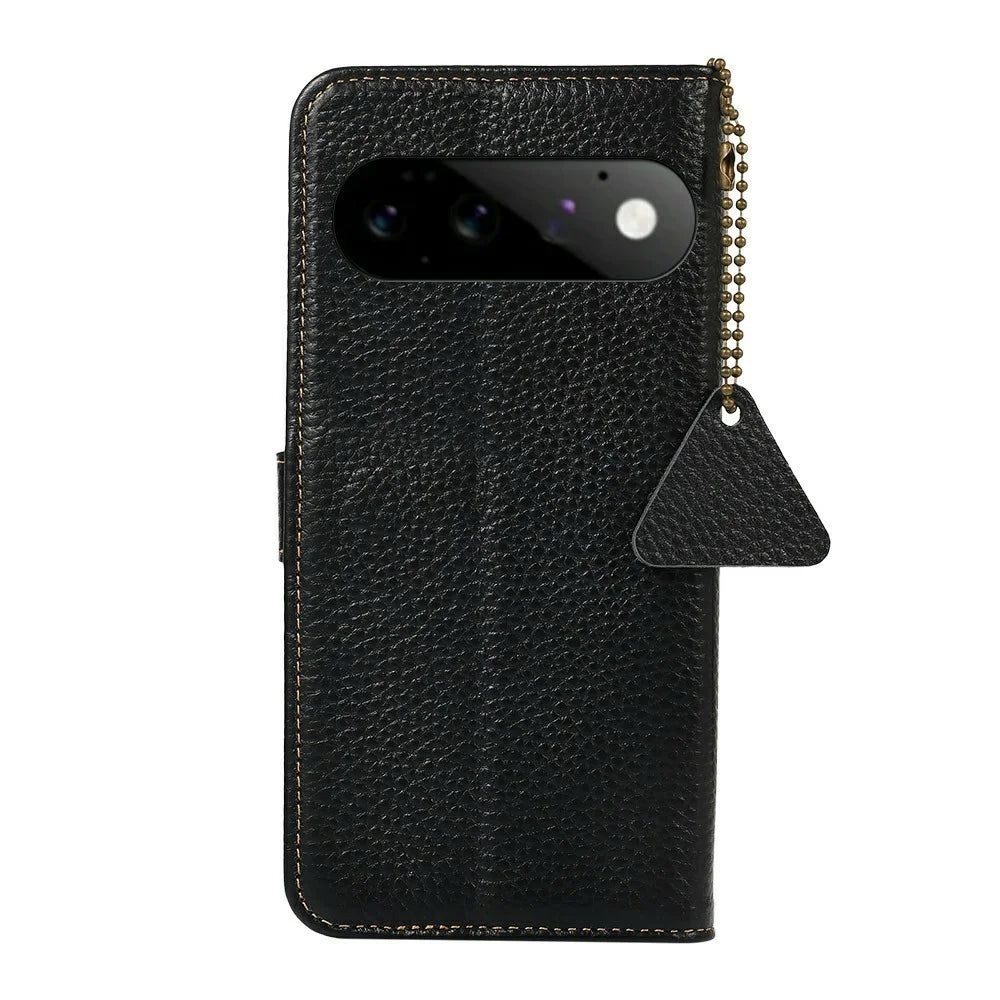 For Google Pixel 11 Pro Case RFID Blocking Genuine Cow Leather Phone Cover Litchi Texture - Black - 7