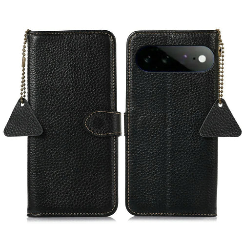 For Google Pixel 11 Pro XL Case RFID Blocking Genuine Cow Leather Phone Cover Litchi Texture - Black - 1