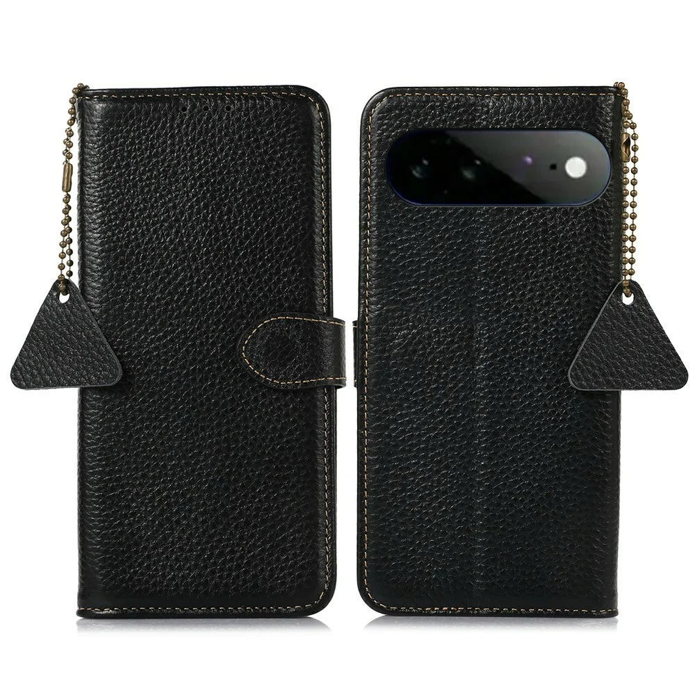 For Google Pixel 11 Pro XL Case RFID Blocking Genuine Cow Leather Phone Cover Litchi Texture - Black - 1