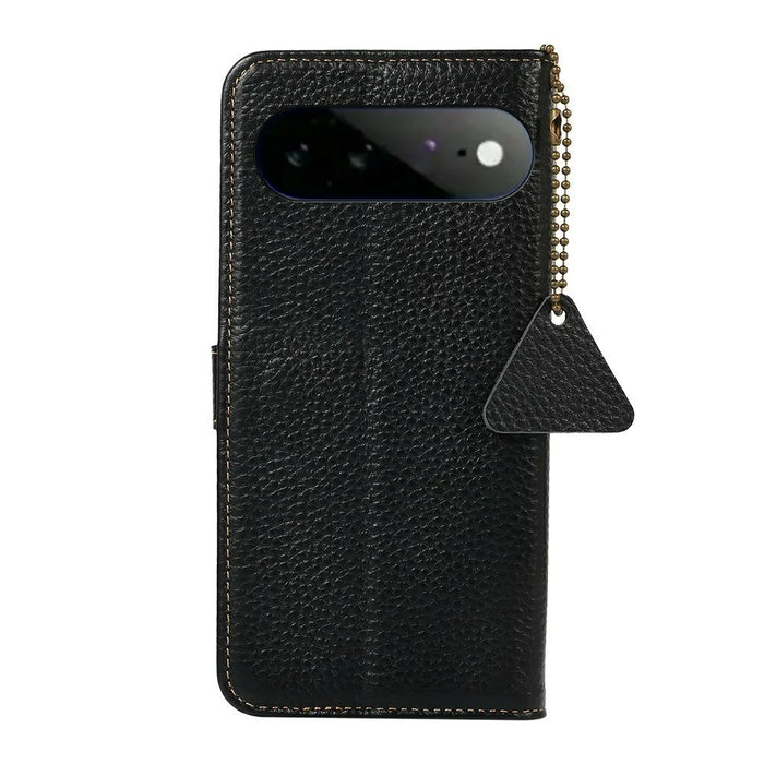 For Google Pixel 11 Pro XL Case RFID Blocking Genuine Cow Leather Phone Cover Litchi Texture - Black - 7