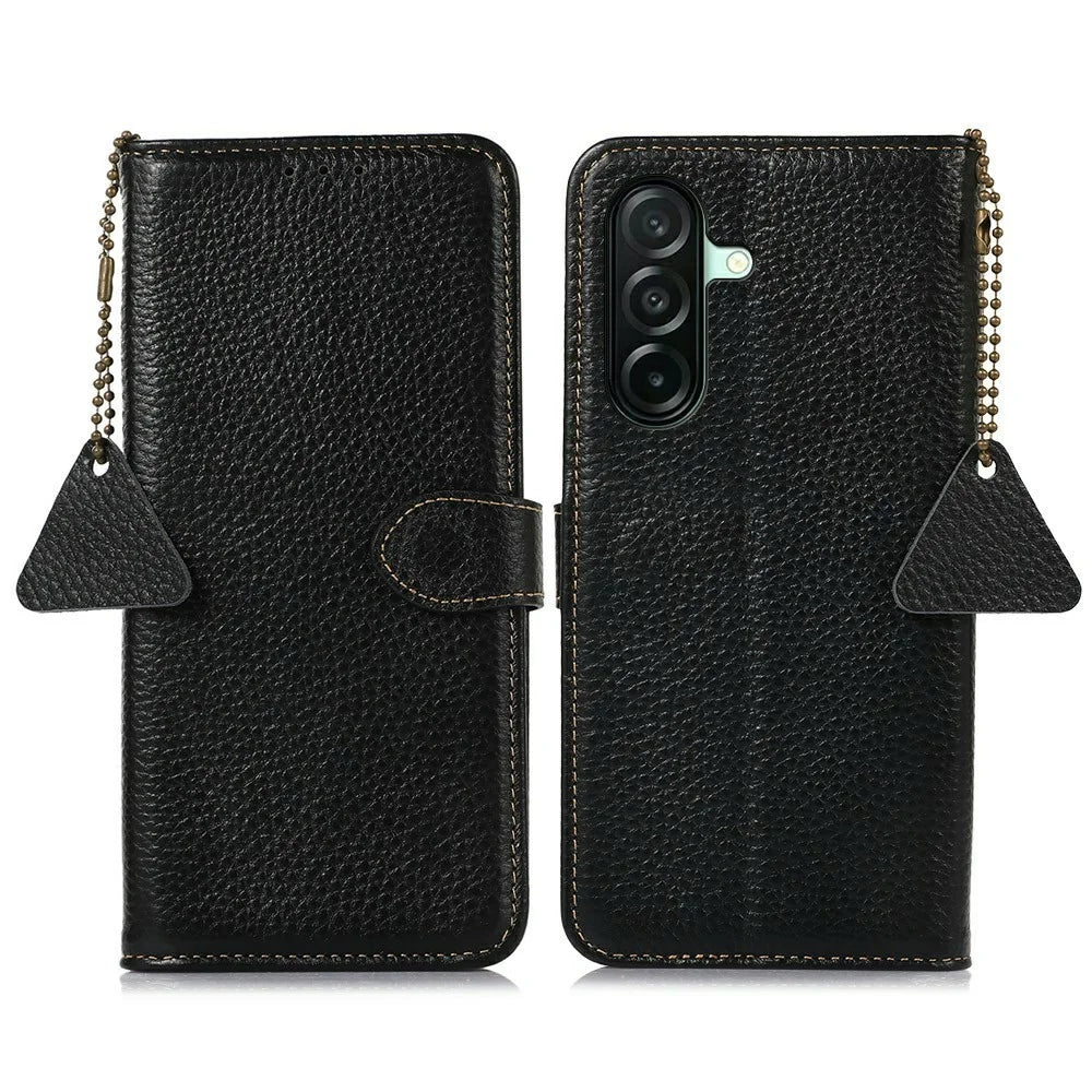 For Samsung Galaxy A27 5G Case RFID Blocking Genuine Cow Leather Phone Cover Litchi Texture - Black - 1