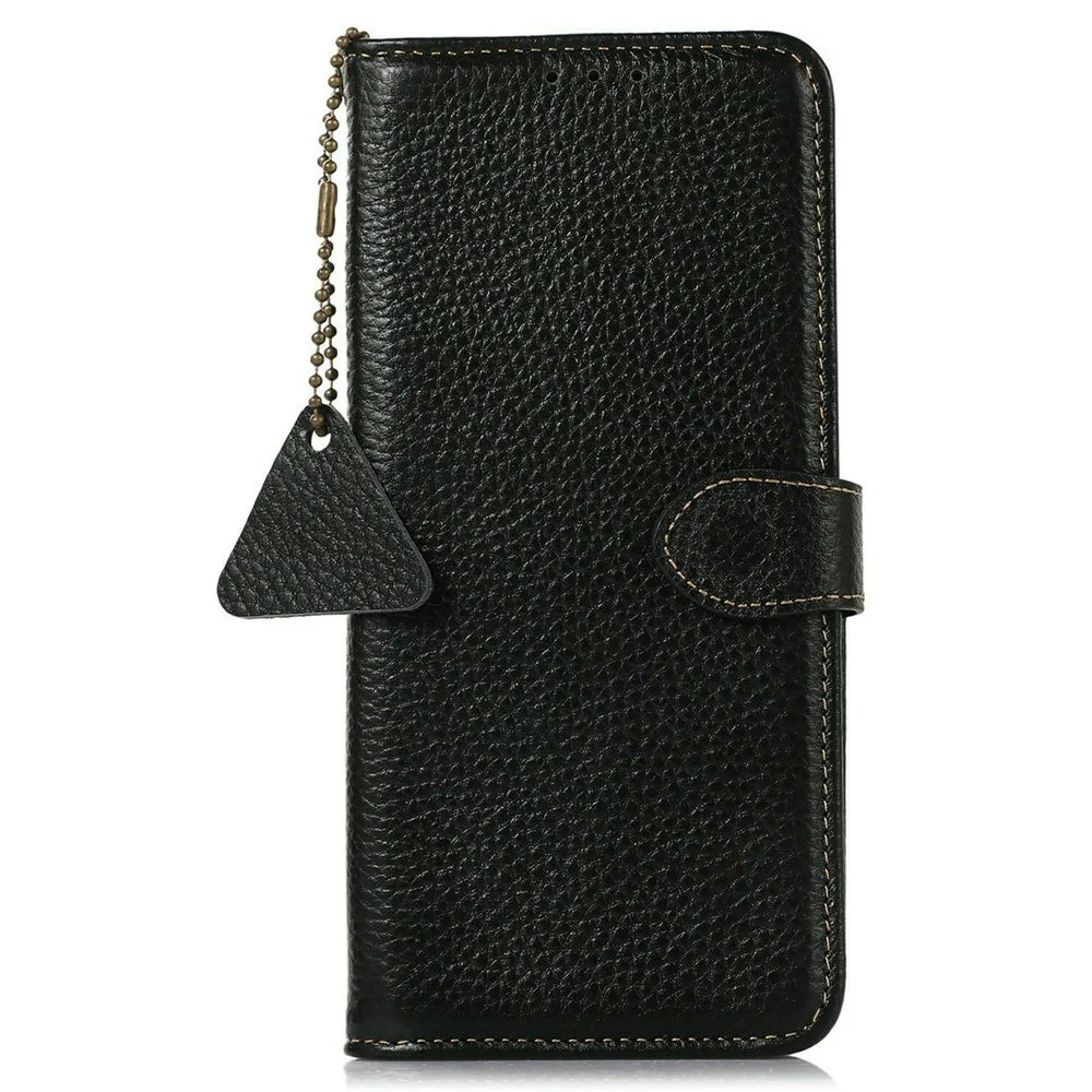 For Samsung Galaxy A27 5G Case RFID Blocking Genuine Cow Leather Phone Cover Litchi Texture - Black - 6