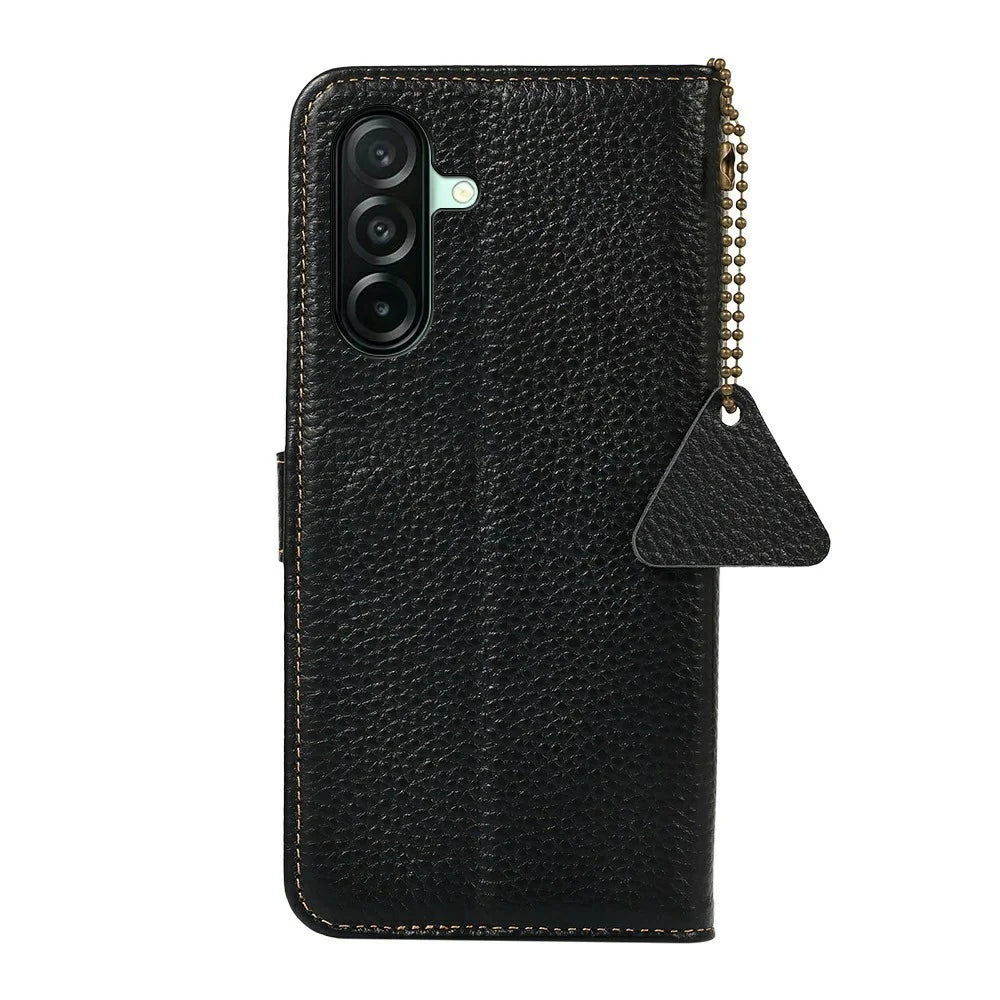 For Samsung Galaxy A27 5G Case RFID Blocking Genuine Cow Leather Phone Cover Litchi Texture - Black - 7