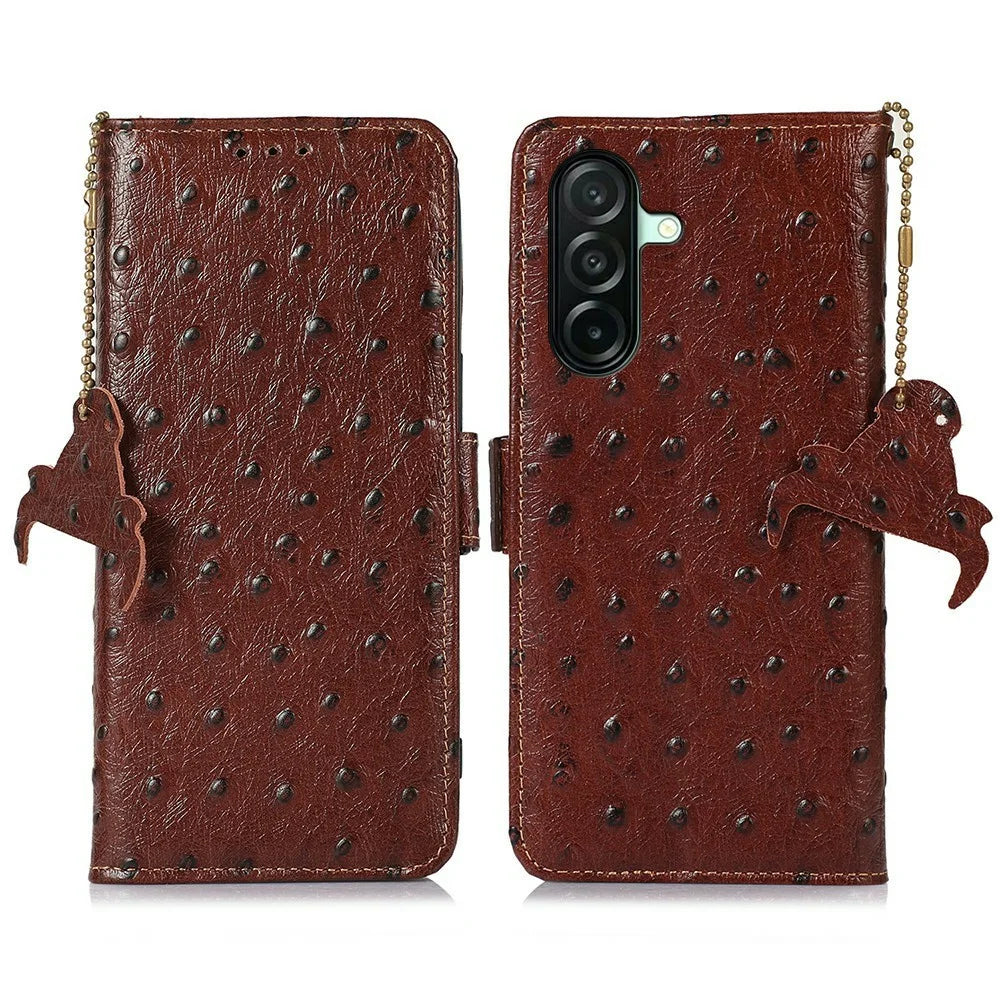 For Samsung Galaxy A27 5G Case RFID Blocking Genuine Cow Leather Phone Case Ostrich Texture - Coffee - 1