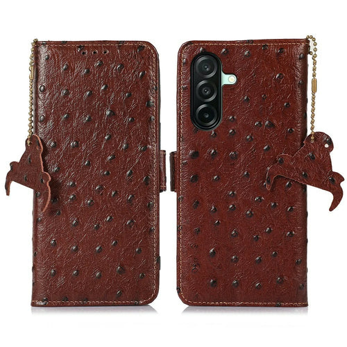 For Samsung Galaxy A27 5G Case RFID Blocking Genuine Cow Leather Phone Case Ostrich Texture - Coffee - 1