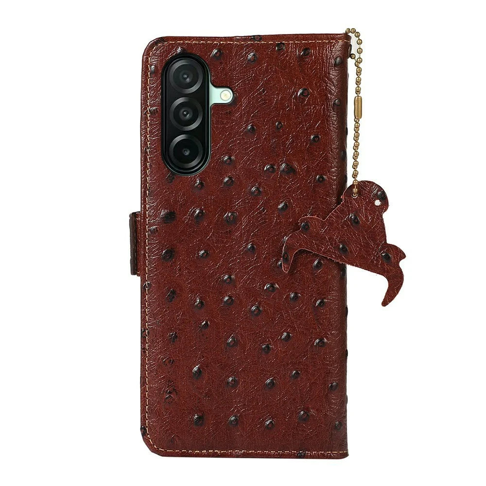 For Samsung Galaxy A27 5G Case RFID Blocking Genuine Cow Leather Phone Case Ostrich Texture - Coffee - 7