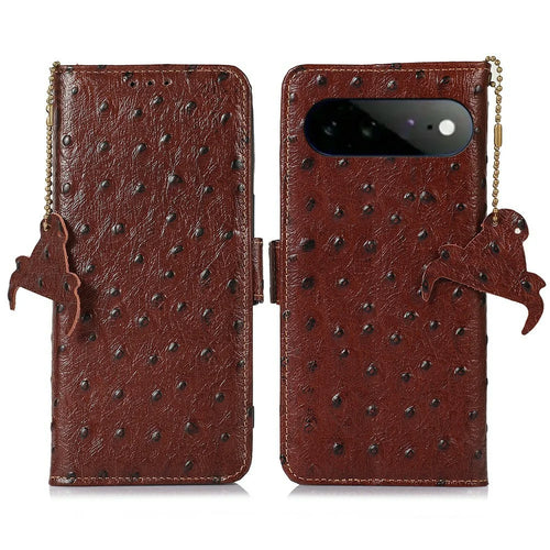 For Google Pixel 11 Pro XL Case RFID Blocking Genuine Cow Leather Phone Case Ostrich Texture - Coffee - 1