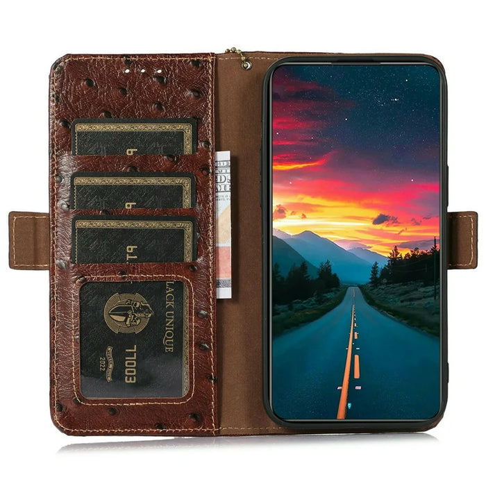 For Google Pixel 11 Pro XL Case RFID Blocking Genuine Cow Leather Phone Case Ostrich Texture - Coffee - 2