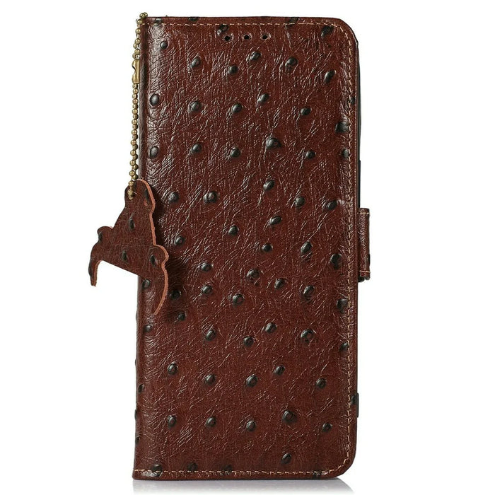 For Google Pixel 11 Pro XL Case RFID Blocking Genuine Cow Leather Phone Case Ostrich Texture - Coffee - 6