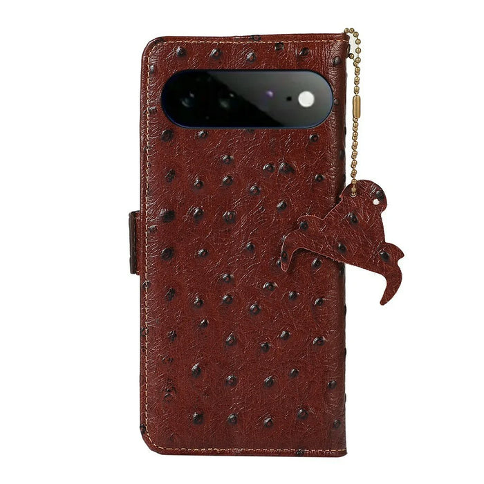 For Google Pixel 11 Pro XL Case RFID Blocking Genuine Cow Leather Phone Case Ostrich Texture - Coffee - 7