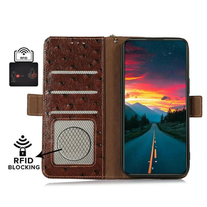 For Google Pixel 11 Pro Case RFID Blocking Genuine Cow Leather Phone Case Ostrich Texture - Coffee - 4