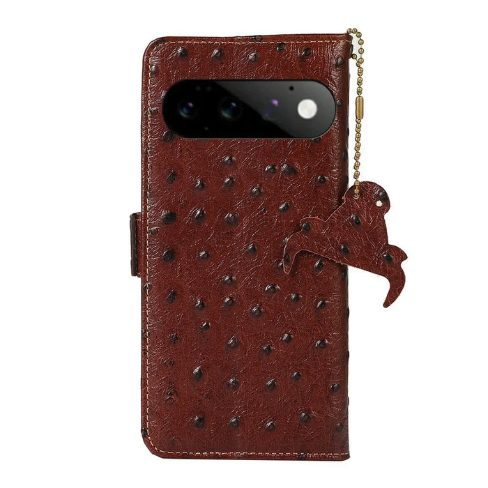 For Google Pixel 11 Pro Case RFID Blocking Genuine Cow Leather Phone Case Ostrich Texture - Coffee - 7