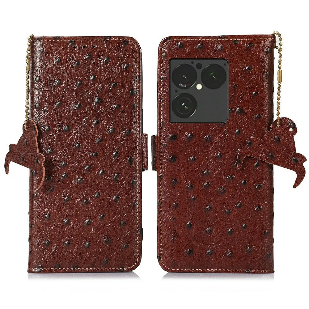 For Sony Xperia 1 VIII Case RFID Blocking Genuine Cow Leather Phone Case Ostrich Texture - Coffee - 1