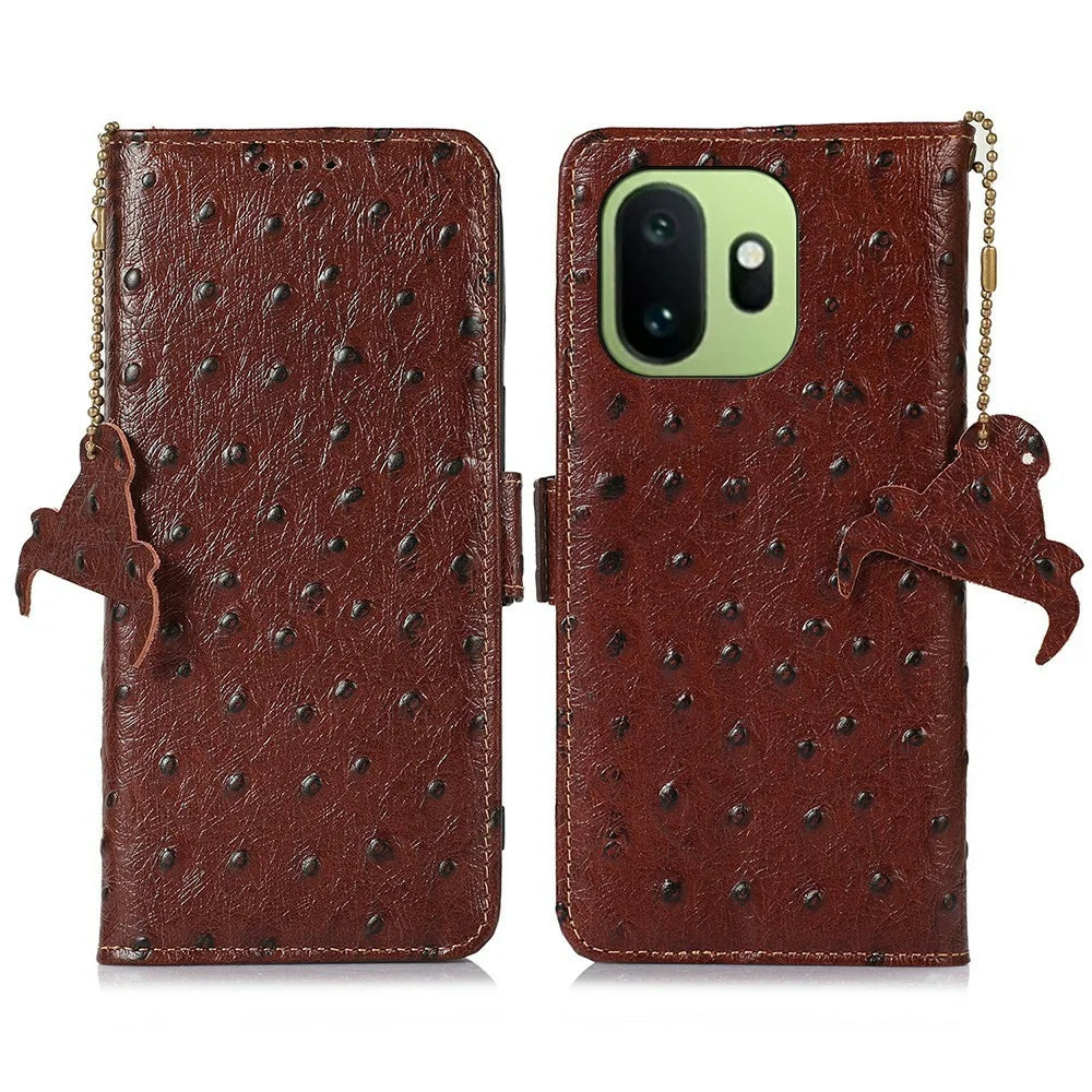 For OnePlus 15T 5G Case RFID Blocking Genuine Cow Leather Phone Case Ostrich Texture - Coffee - 1