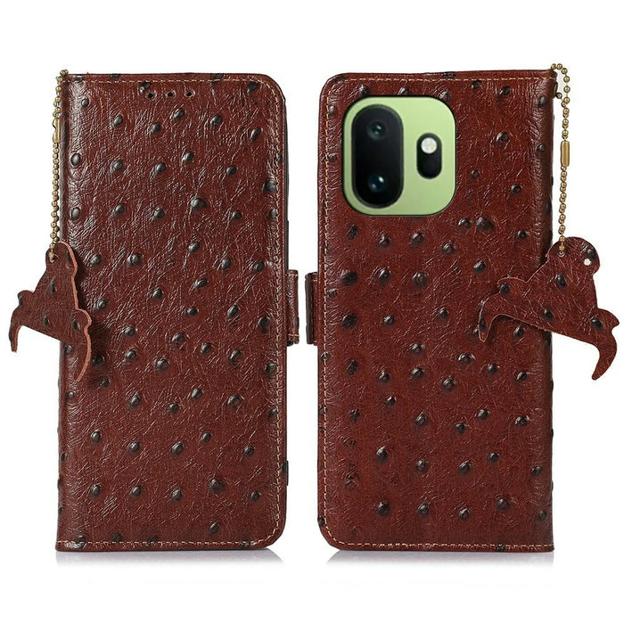 For OnePlus 15T 5G Case RFID Blocking Genuine Cow Leather Phone Case Ostrich Texture - Coffee - 1