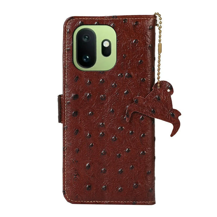 For OnePlus 15T 5G Case RFID Blocking Genuine Cow Leather Phone Case Ostrich Texture - Coffee - 7