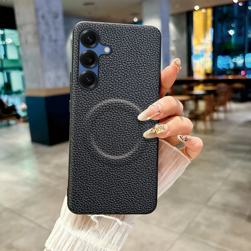 For Samsung Galaxy A27 5G Magnetic Case Litchi Texture PU Leather Coated PC + TPU Protective Phone Cover - Black - 1
