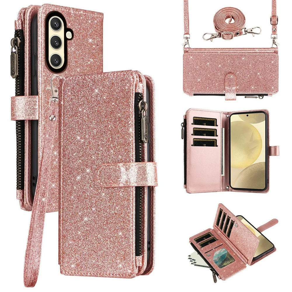 ASUWISH For Samsung Galaxy A27 5G Case 10 Card Holder Glitter Leather Phone Cover with Crossbody Strap - Rose Gold - 1