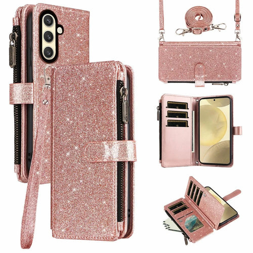 ASUWISH For Samsung Galaxy A27 5G Case 10 Card Holder Glitter Leather Phone Cover with Crossbody Strap - Rose Gold - 1