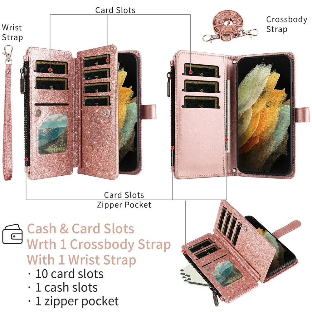 ASUWISH For Samsung Galaxy A27 5G Case 10 Card Holder Glitter Leather Phone Cover with Crossbody Strap - Rose Gold - 2