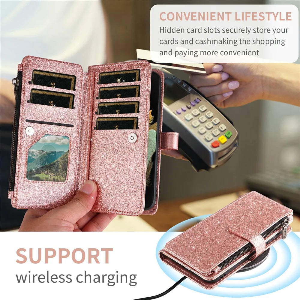 ASUWISH For Samsung Galaxy A27 5G Case 10 Card Holder Glitter Leather Phone Cover with Crossbody Strap - Rose Gold - 4