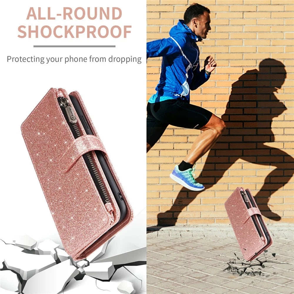 ASUWISH For Samsung Galaxy A27 5G Case 10 Card Holder Glitter Leather Phone Cover with Crossbody Strap - Rose Gold - 6