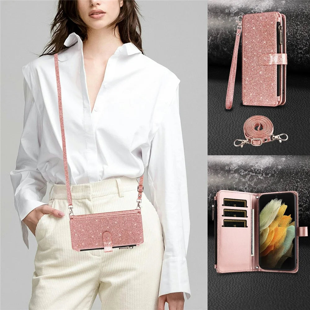 ASUWISH For Samsung Galaxy A27 5G Case 10 Card Holder Glitter Leather Phone Cover with Crossbody Strap - Rose Gold - 7
