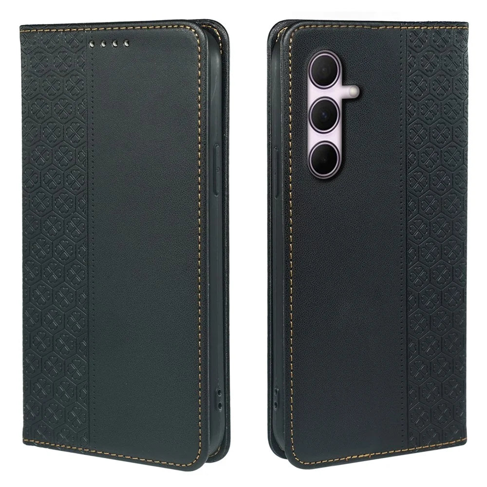 For Samsung Galaxy A27 5G Case Four Leaf Clover Leather Flip Phone Cover Stand Wallet - Black - 1