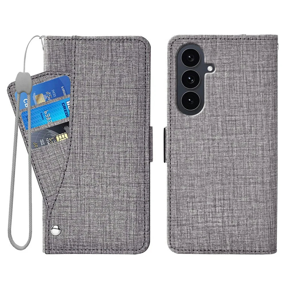 For Samsung Galaxy A27 5G Case Jean Cloth Texture PU Leather Wallet Phone Cover with Rotating Card Slots - Grey - 1